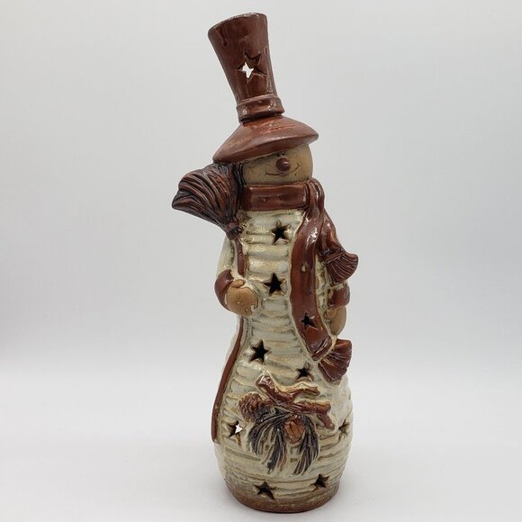 Stoneware Glazed 12" Brown Beige Country Snowman Star Cut Outs Tealight Holder - Picture 1 of 12